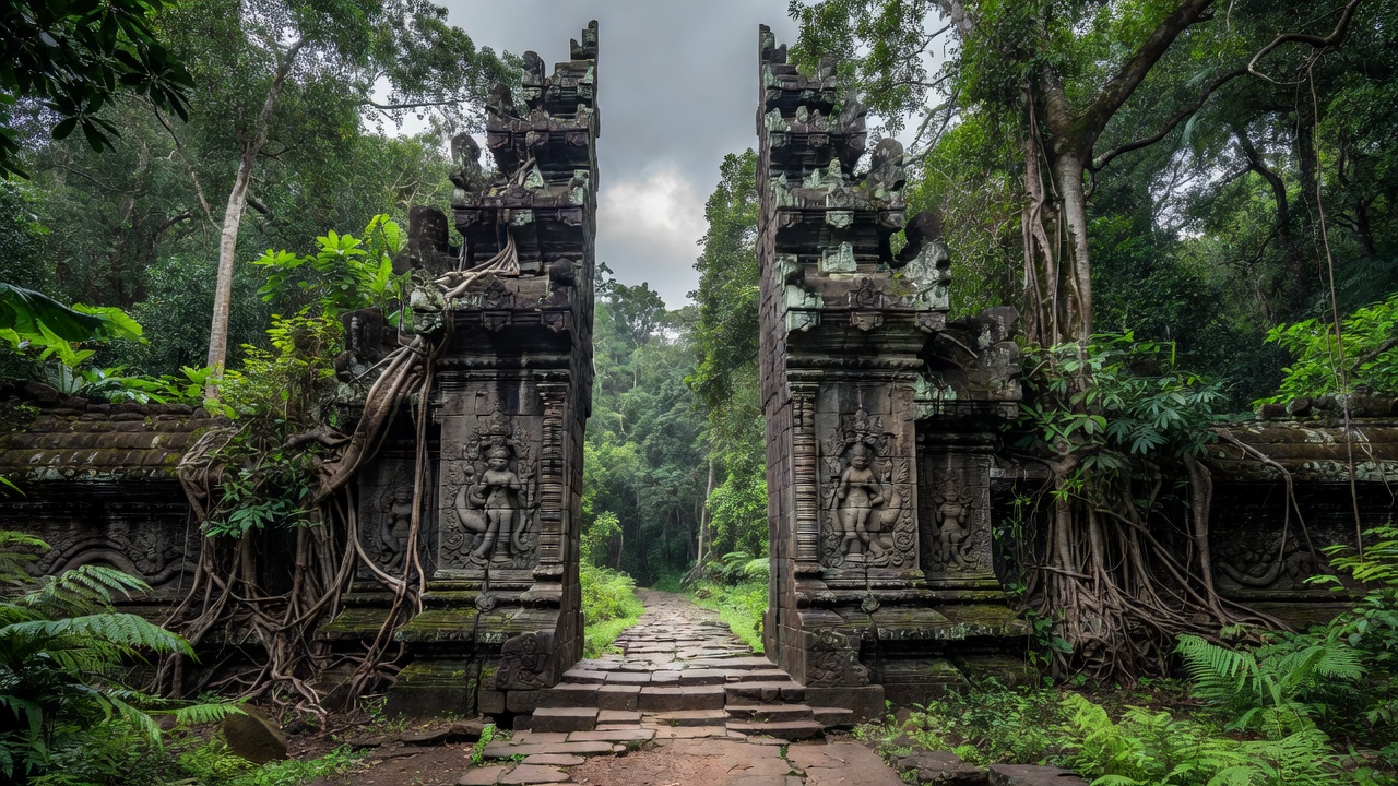 Ancient carved stone temple gates along the Khmer Royal Highway