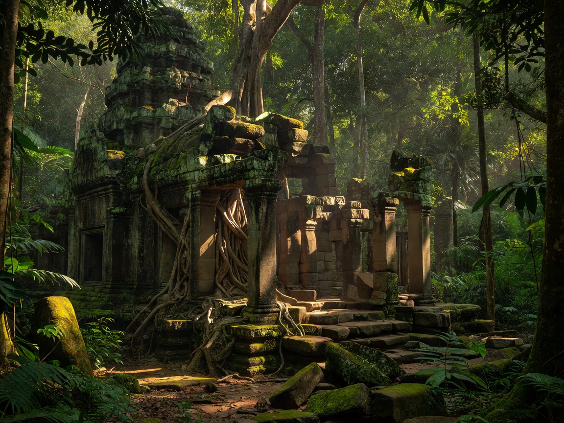 Ancient stone temple ruins embedded in tropical rainforest of Cambodia