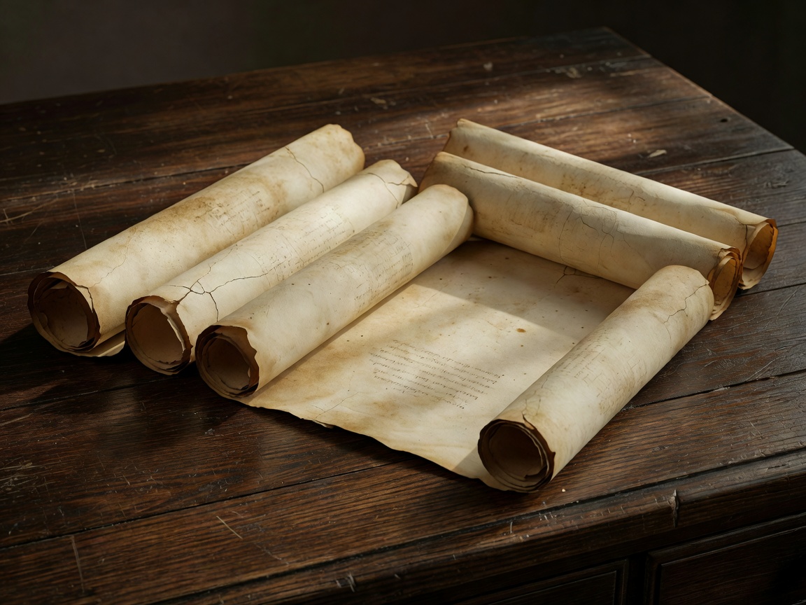 Ancient weathered manuscript scrolls resting on old wooden desk