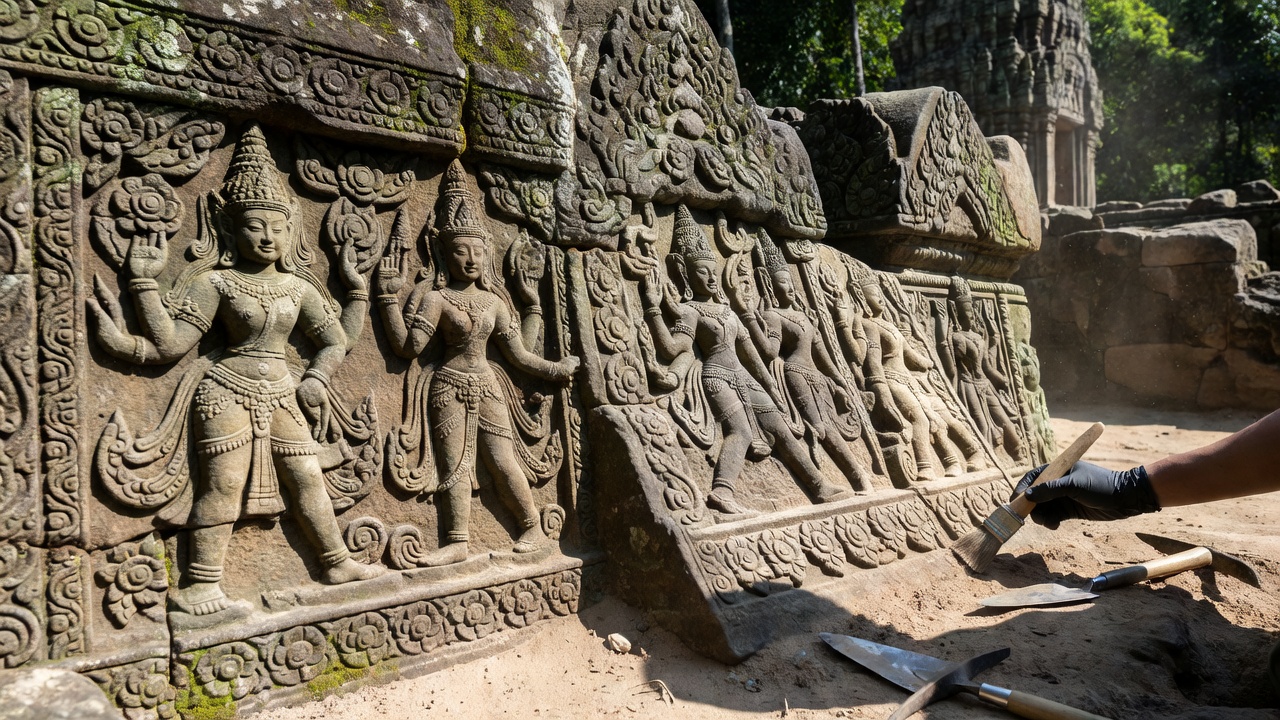 Detail view of stone temple carvings uncovered by modern archaeologists in Cambodia