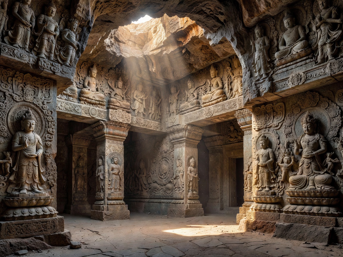 Intricate Buddhist cave temple carvings in East Asia