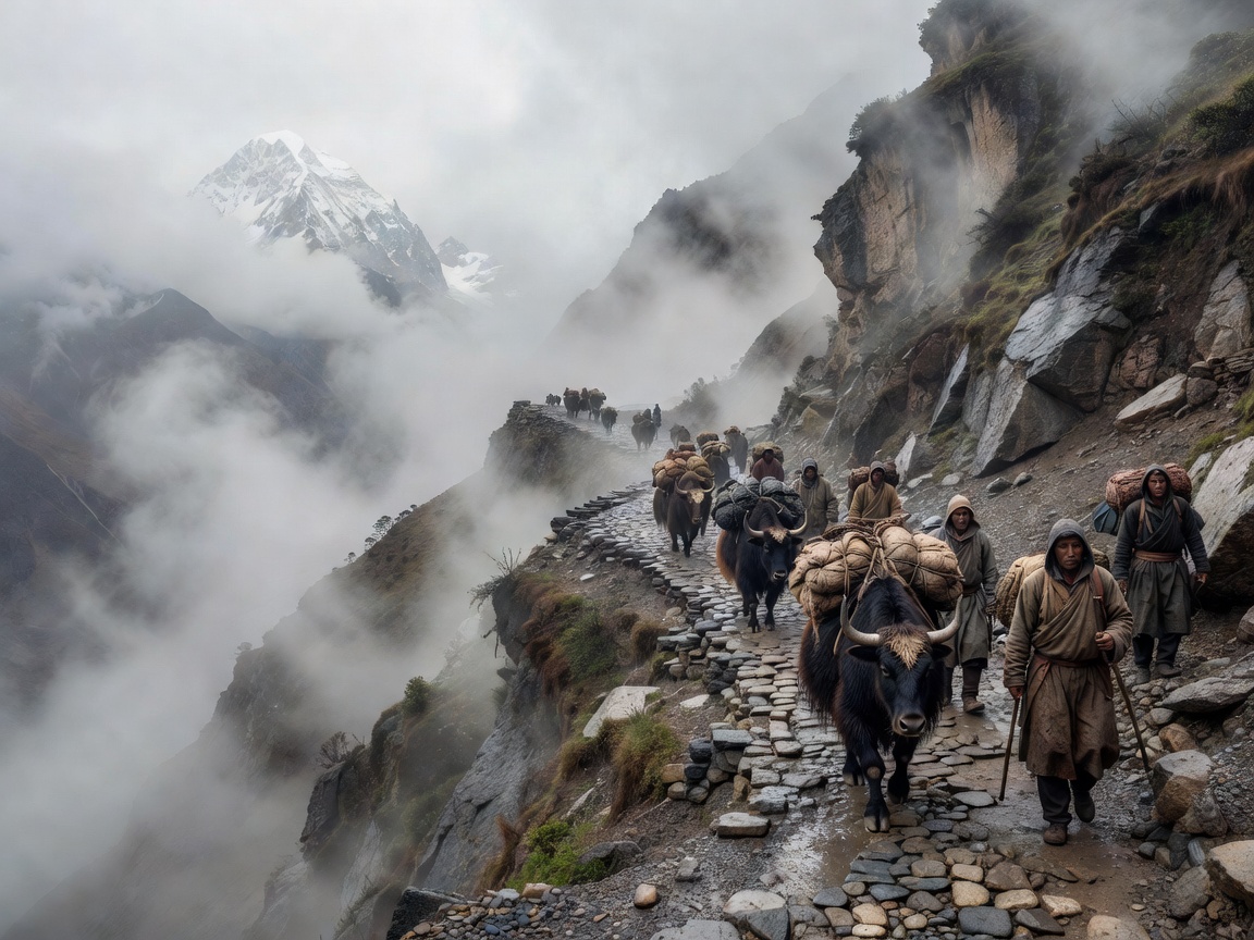 Misty Himalayan mountain pass on the ancient Tea Horse Road